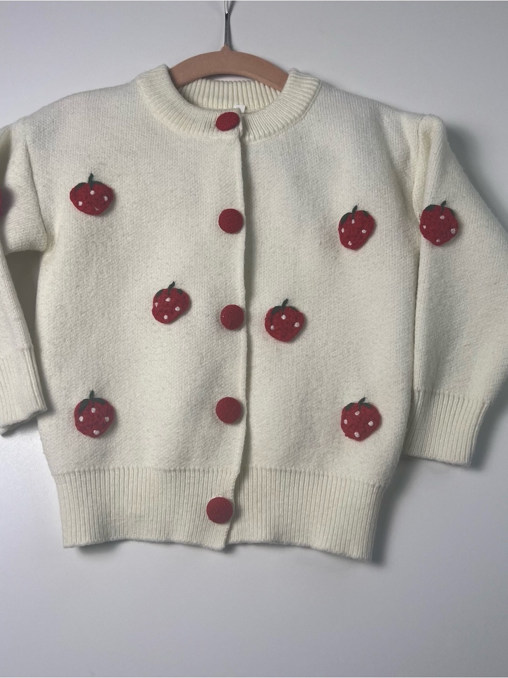 Cream Kids Cardigan with Red Strawberry Appliqués
